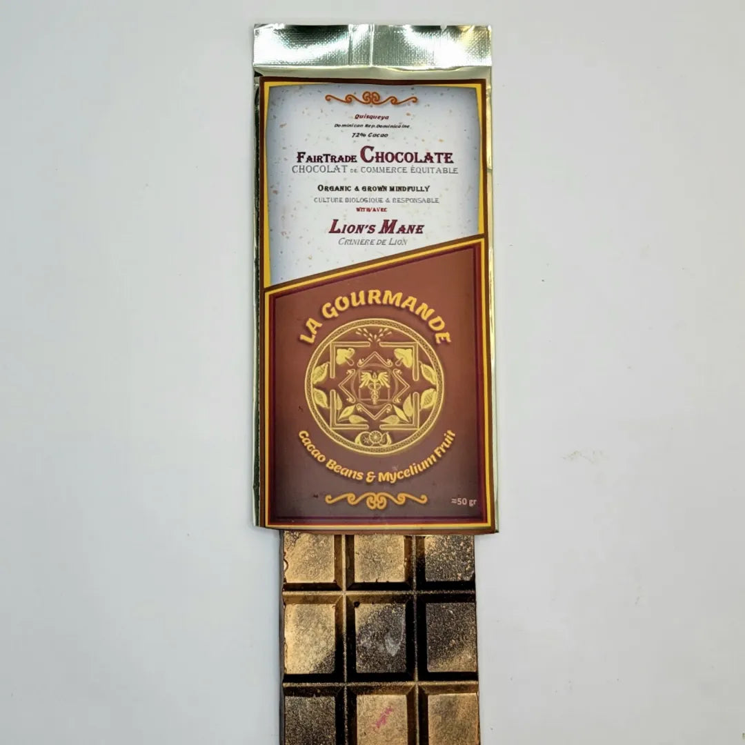 functional mushroom dark chocolate bar unwrapped
